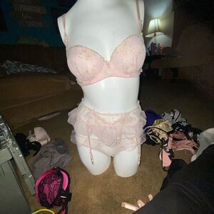 Delicate Pink Lace Bra and Garter Set